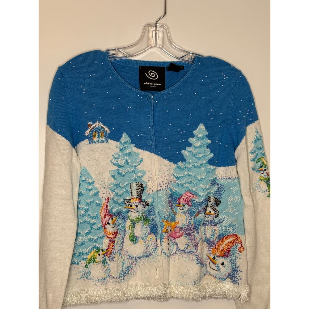 Michael Simon Event Zip-Up Snowman Cardigan Sweater Vintage Medium